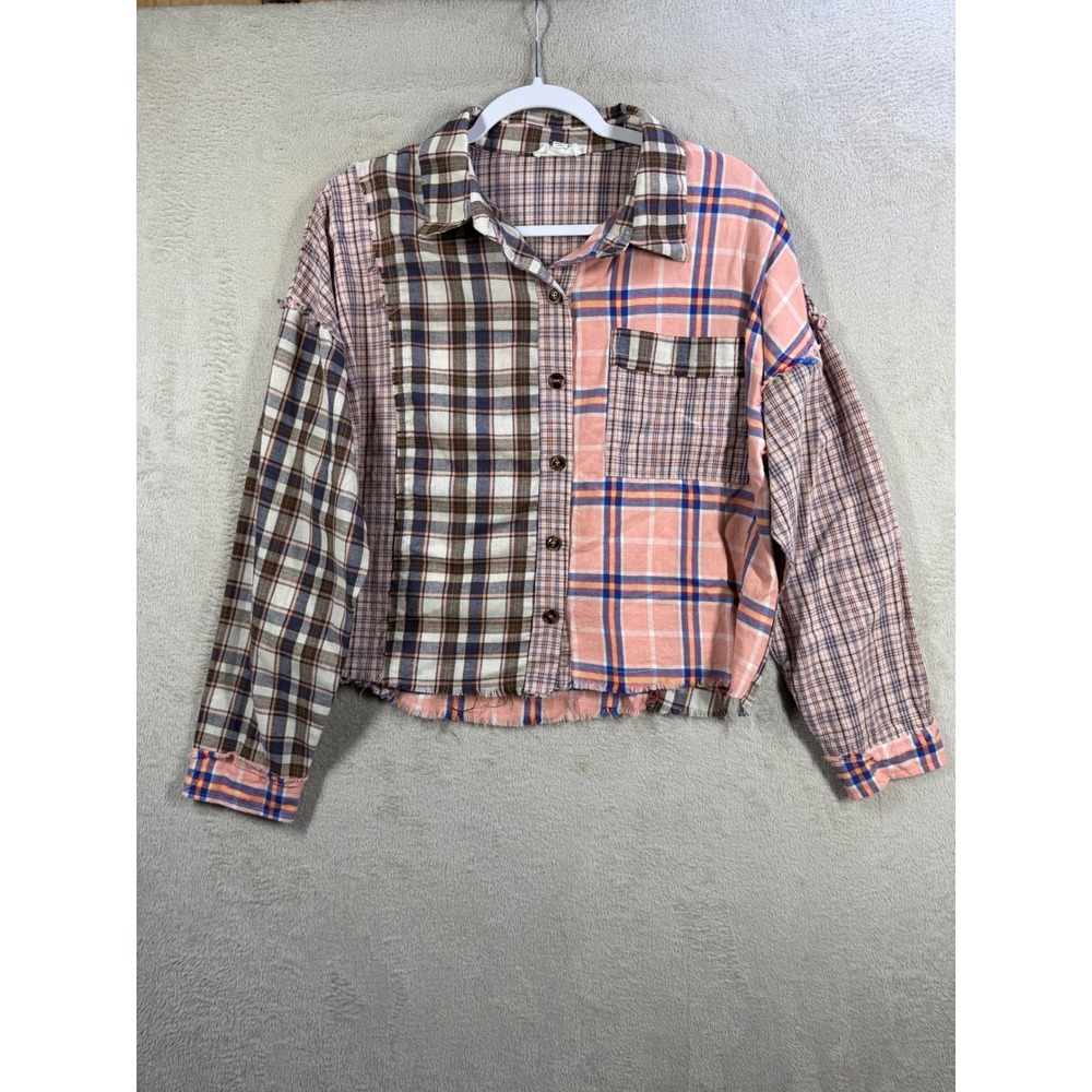 Dance & Marvel Patchwork Plaid Shirt Womens M Pink Distressed Cropped Button